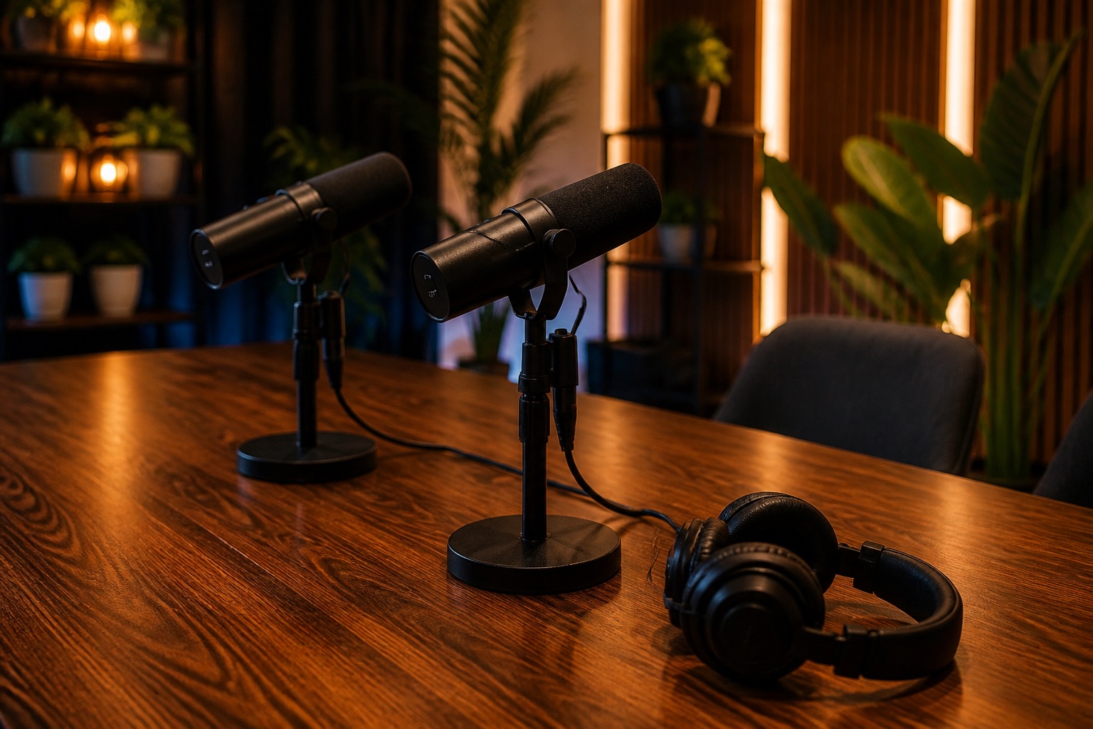 Close-up of microphones and headphones on the table