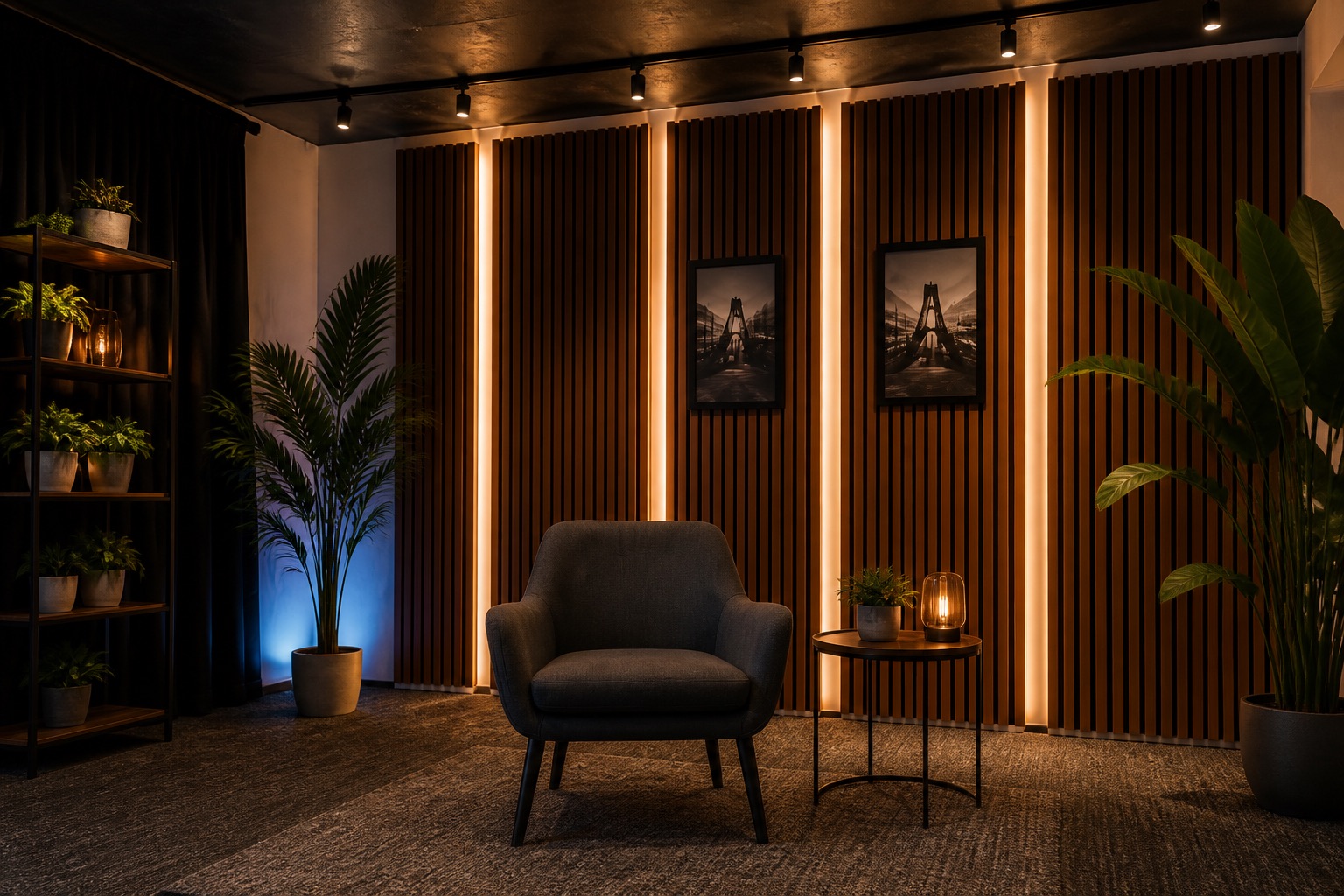 A grey armchair in front of a lit wooden wall